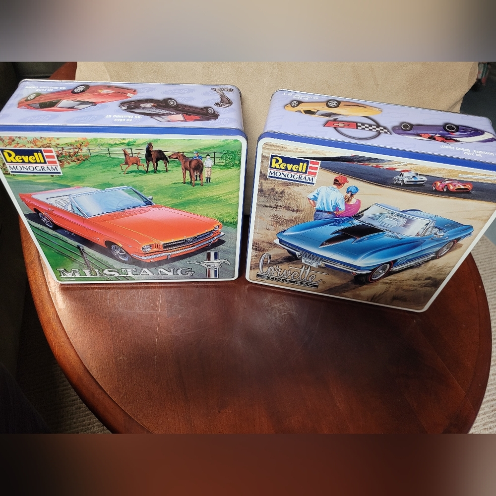 Revell Monogram Mustang and Corvette Metal Tins Two Empty Tins